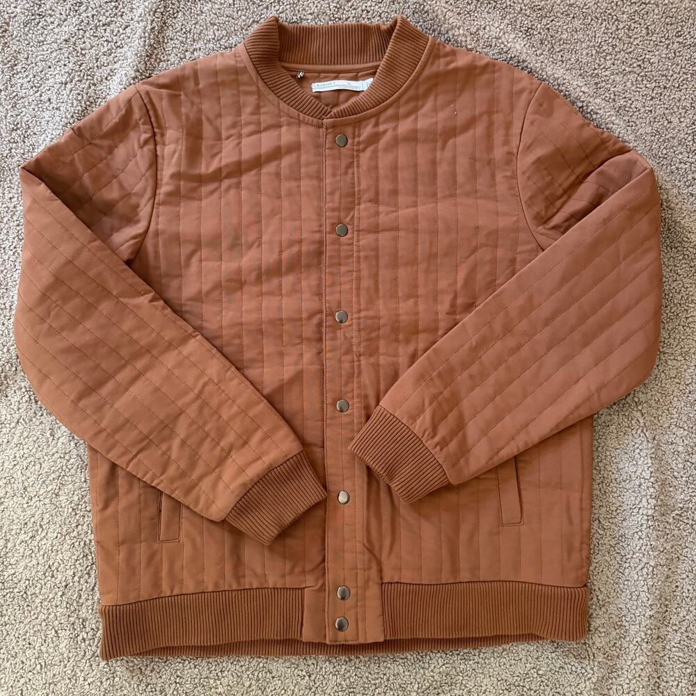 Criquet Mens XL Quilted Bomber Jacket Clay Brown Snap Front Ribbed Trim